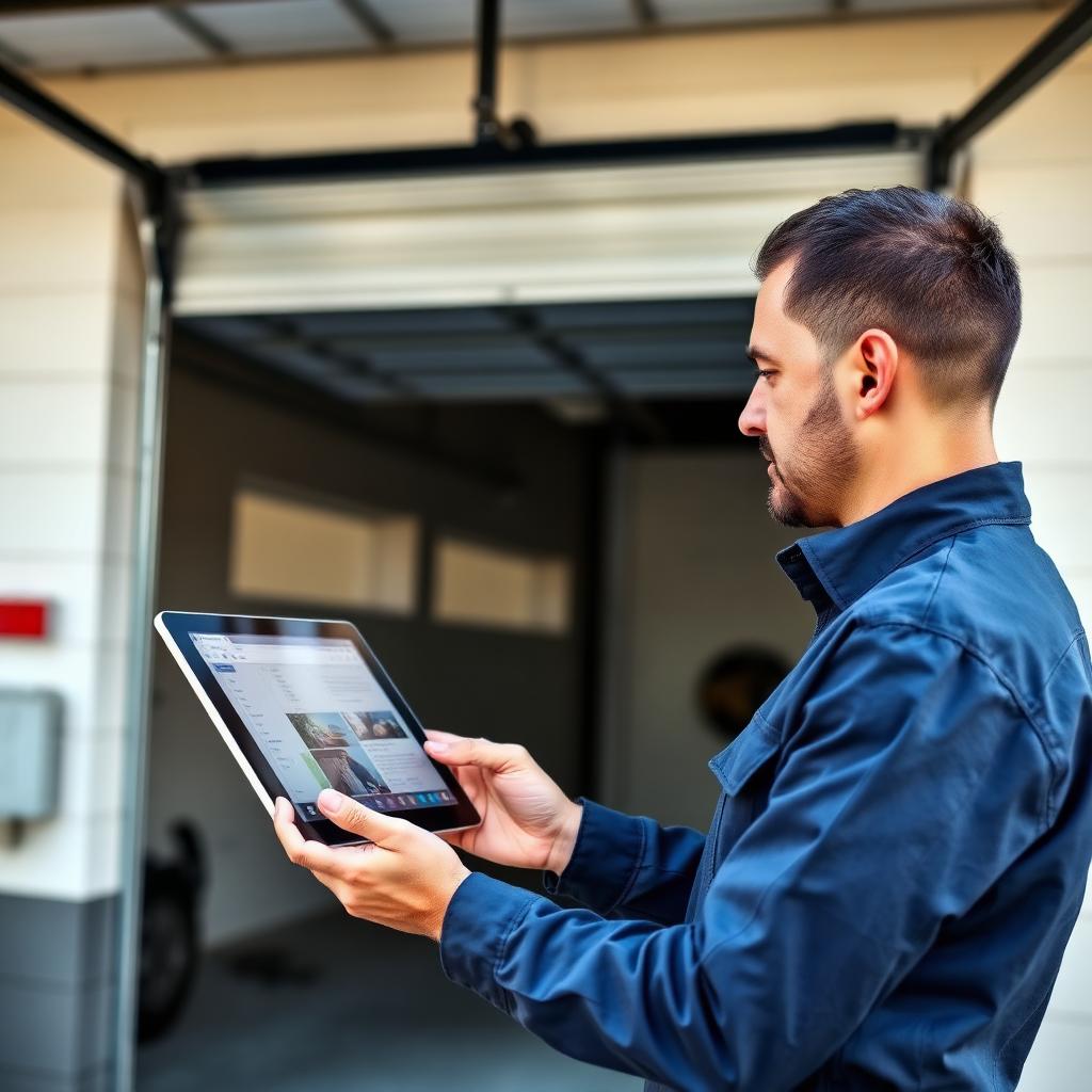 Professional garage door technician using digital tablet for inspection and diagnostics