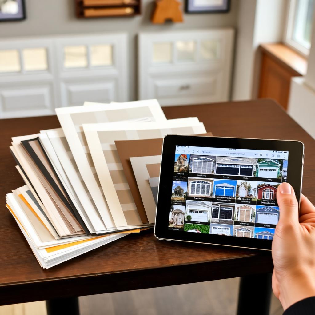 Garage door color samples and design consultation with tablet showing options