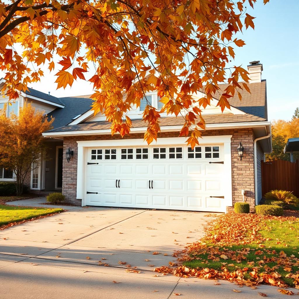 Beautiful suburban home with white garage door surrounded by fall foliage