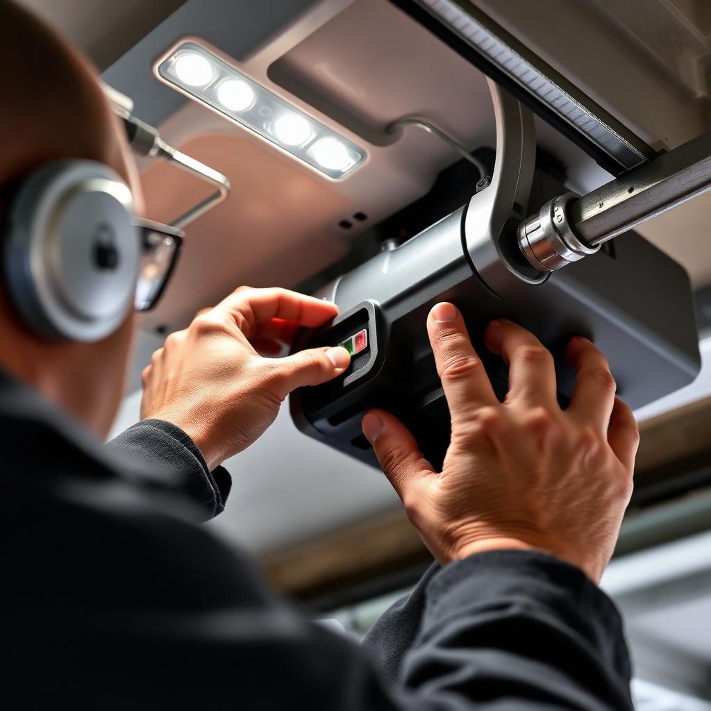 Technician adjusting garage door opener limit switch settings