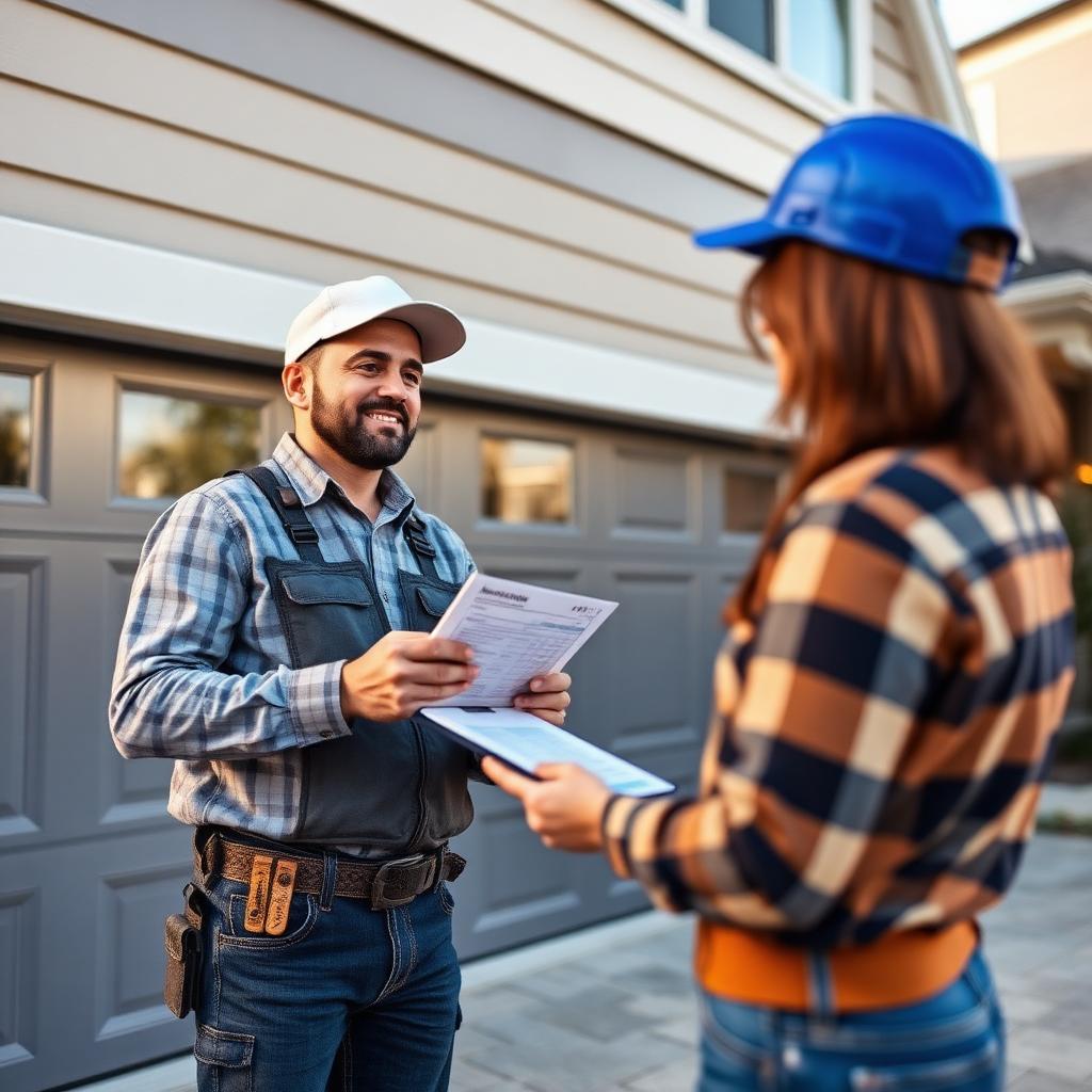 Professional contractor discussing garage door installation pricing with homeowner