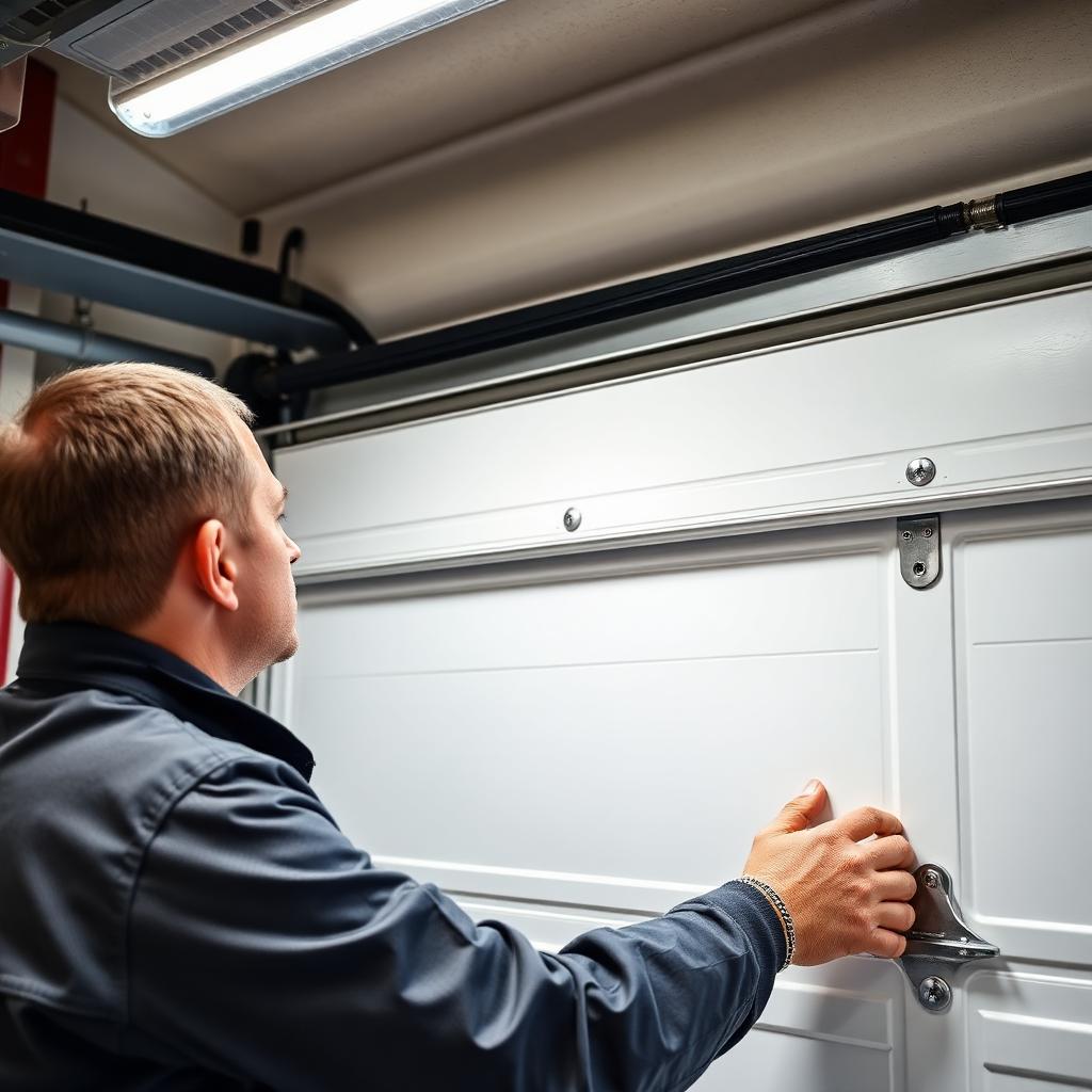 Professional garage door technician installing new panel with precision
