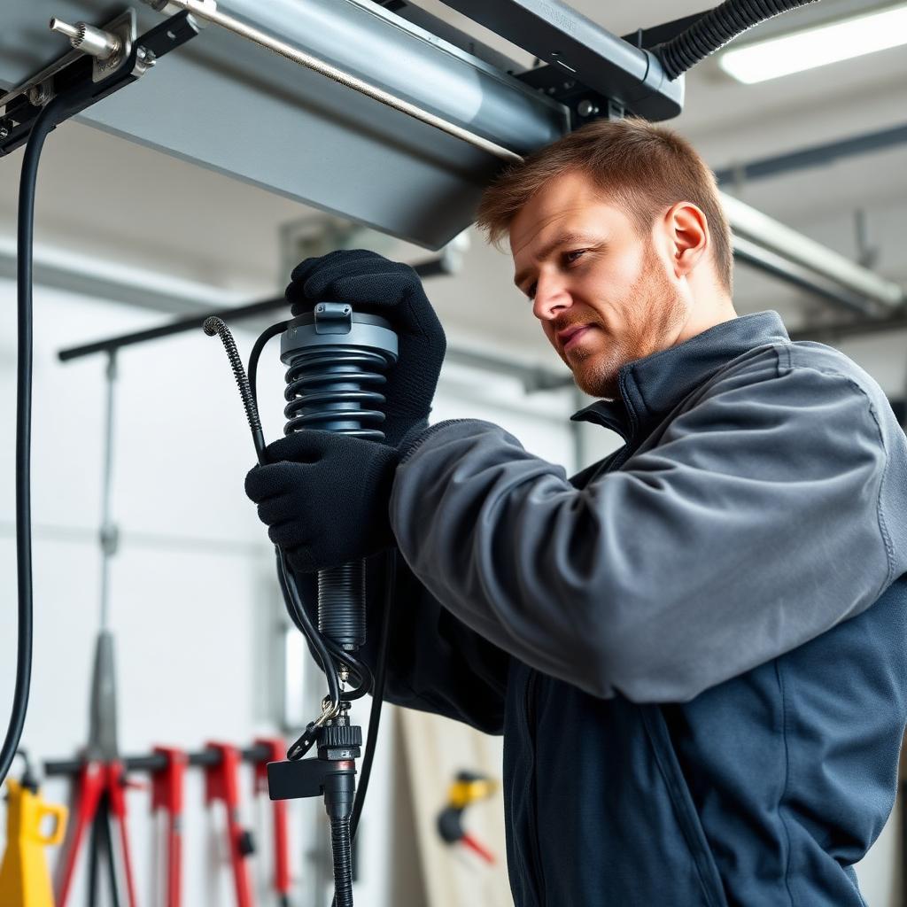 Garage door technician repairing spring mechanism on residential garage